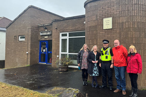 Names in order from left to right – BVT member Valerie Reid, BVT Chair Emma Galloway, Sergeant Mark Coull, BVT treasurer David Spacey and BVT member Karen Scott, standing outside Balerno police station.