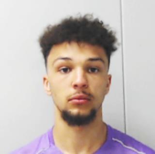 Custody image of Jackson Bennett - man in 20s with medium-tone skin, dark curly hair and a goatee beard wearing a purple t-shirt