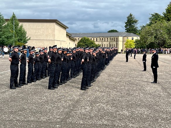 Police Scotland constables lined up on the parade square at Tulliallan during a passing out parade in August 2023.
