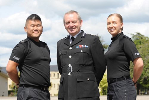 Chief Constable Sir Iain Livingstone with officers PC Steve Chan and PC Natalie Barrie