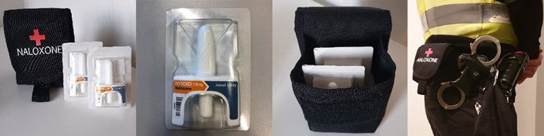 Banner image showing Police Scotland Naloxone pouch, intra-nasal Naloxone sprays, and a pouch worn on a Police Scotland equipment belt.