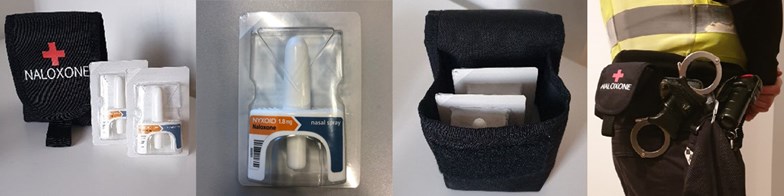 Banner image of four pictures showing black pouches marked with Naloxone, Naloxone nasal sprays and the pouch on an officer's kit belt