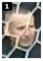 CCTV image of man behind football goal. He is  white, of a slim build, has short fair hair.  He was wearing a black top with a white logo on the left chest area.
