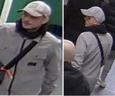 White man in his 30s, slim build, wearing light grey jacket, light grey trousers, grey skip cap, trainers, wearing a black cross-body bag.