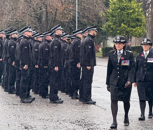 Chief Constable Jo Farrell attends SPC Tulliallan's Armistice Day service, alongside Police Scotland probationers.