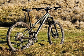Green/bronze coloured Ragley Mountain Bike with purple handle bar end caps