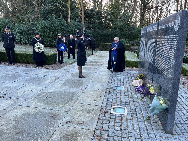 Chief Constable Jo Farrell salutes at the Scottish Police Memorial having laid a wreath in memory of those who died in the Clutha tragedy in 2013.