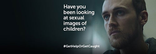 Man starring into distance with text "Have you been looking at sexual images of children? #GetHelpOrGetCaught"