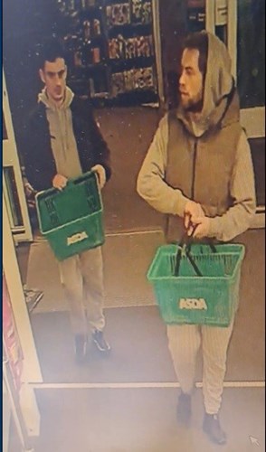 Images of two men holding asda baskets. Man to left of the picture of medium build, in 30s or 40s with dark hair with beard wearing a dark grey body warmer with a light grey hoodie underneath. Man to the left is of slim build, in his 20s, wearing a light grey hoodie and black jacket on top. They are both wearing light grey jogging bottoms.