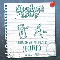 Image of door handle and keys with text reading Sam makes sure the house is secured at all times