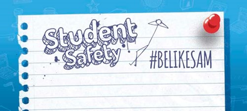 student safety banner with stick figure and notebook image
