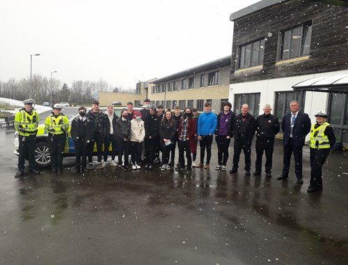 Road Policing Officers and Scottish Fire and Rescue with Meldrum Academy students